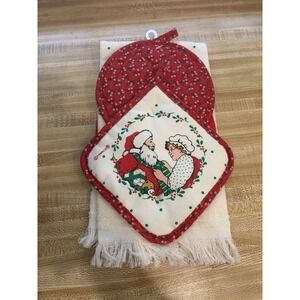 Vintage Cannon Franco Christmas Towels Pot Holders Santa Mrs Claus 4Pc NWOT